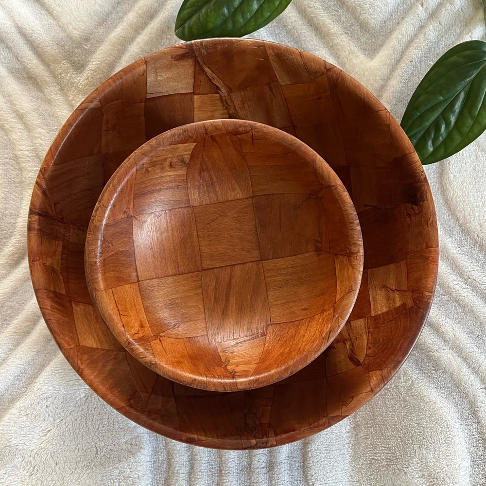 Vintage Woven Wood Salad Bowl Set